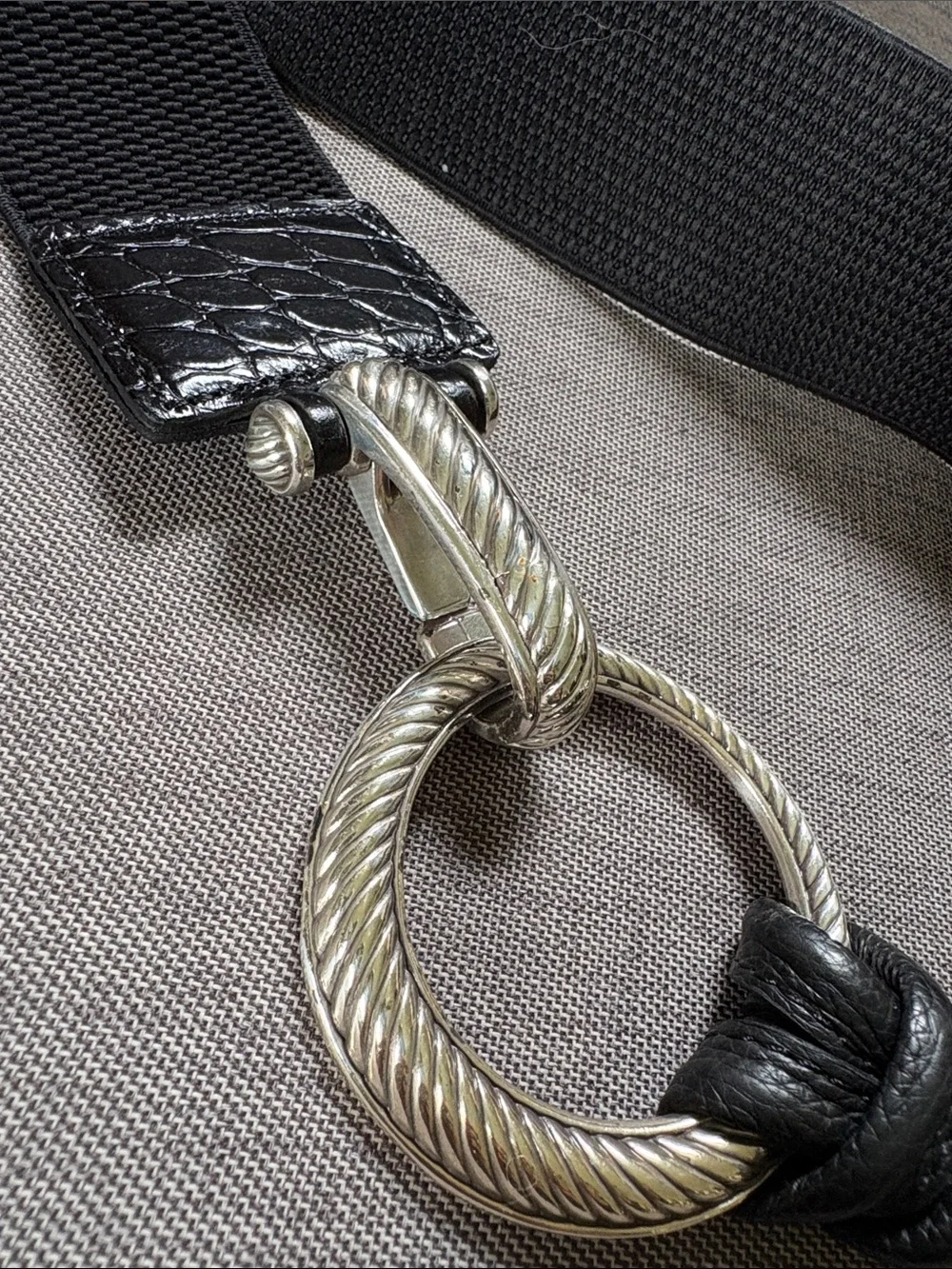 Black Elastic Waist Belt with Silver Ring Hardware